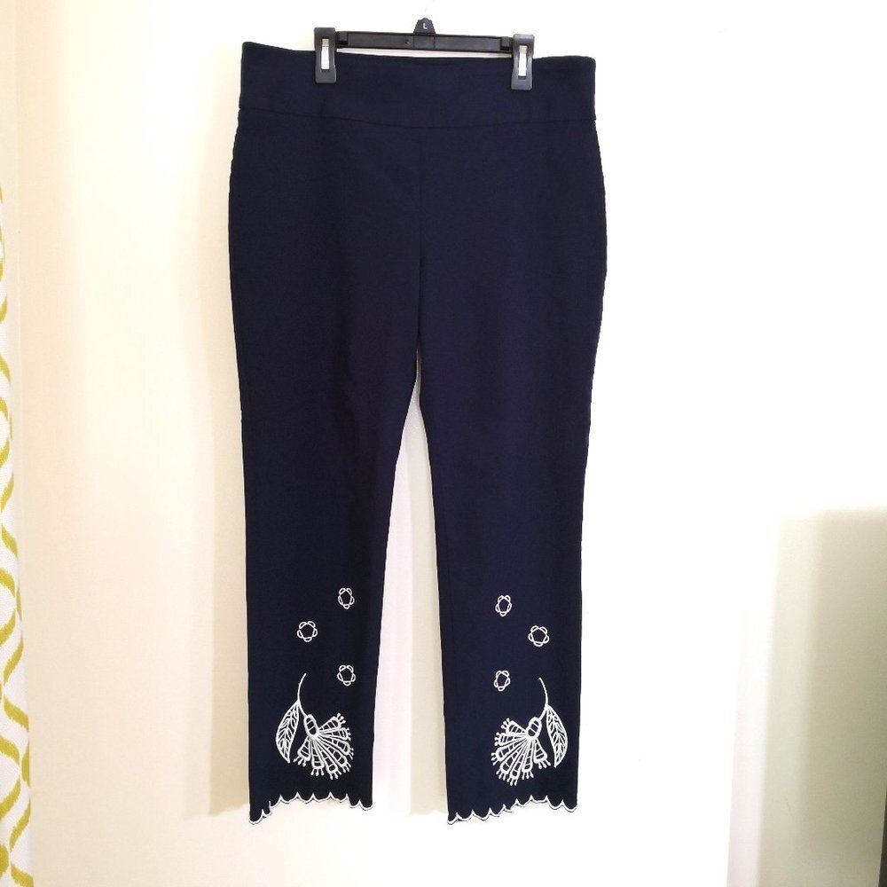 Attyre Women’s Embroidered Audrey Ankle Slim Leg Pull-on Pants Navy Blue Size 12